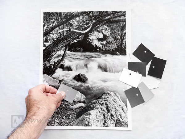 Black and white image review, with a gray zone card Black and white image and gray zone cards